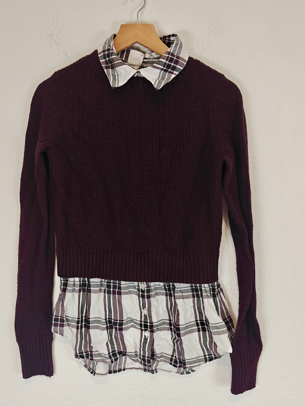 Veronica Beard Burgundy Plaid Layered Twofer Sweater Preppy Luxe Wool Cashmere M